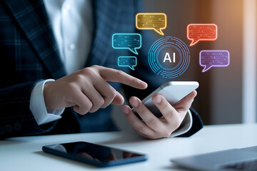 AI chatbot, smartphone chat, digital speech bubbles, LLM, large language model, AI assistant, virtual assistant, person using chatbot, mobile AI, smart assistant, chat interface, talking to AI, 