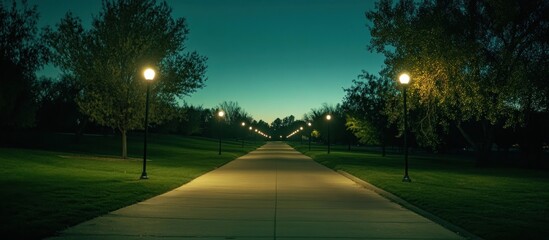 Illuminated pathway at dusk, A serene walkway lined with lampposts