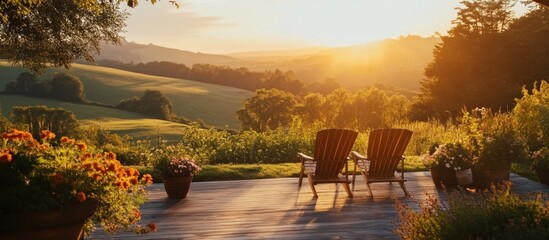 Sunlit Serenity, Adirondack Chairs Embrace Nature's Golden Hour Vista