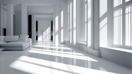 Modern white interior design sunlit spacious room with large windows and sectional sofa