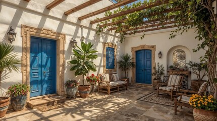 Luxurious Mediterranean patio with ornate blue doors and pergola ceiling
