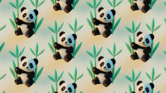 Seamless pattern of adorable panda bears relaxing amidst vibrant green bamboo shoots.