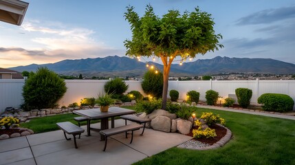 Backyard patio with table benches string lights and mountain view at dusk