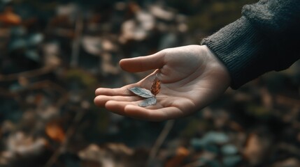 Hand holding delicate autumn leaves, nature's gentle touch.