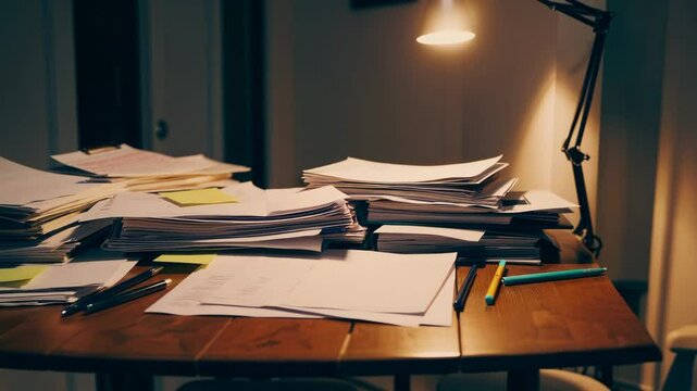Organizing paperwork at a desk in the evening for better productivity and efficiency