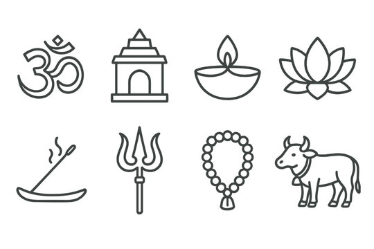 Hindu Symbols Line Icons. Line style icons of Hindu symbols: Om symbol, temple, diya lamp, lotus flower. incense holder, trident