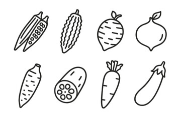 Exotic Vegetable Icons. Line style icons of exotic vegetables: okra, bitter melon, taro root, jicama. yucca, lotus root, daikon,