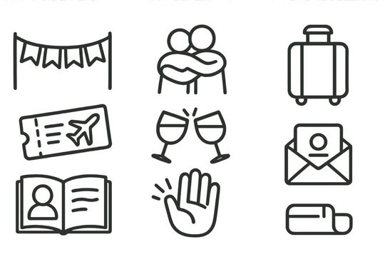 Farewell Party Icons. Line style icons of farewell party: goodbye banner, hug, travel bag, flight ticket. memory book, farewell
