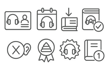 Audiobook Subscription Icons. Line style icons of audiobook subscription services: membership card, monthly pass, download credits