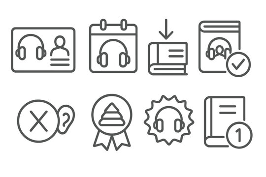 Audiobook Subscription Icons. Line style icons of audiobook subscription services: membership card, monthly pass, download credits