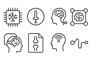 Neural Tech Icons. Line style icons of microelectronics and biosensors: neural implant chip, microelectrode badge, brain
