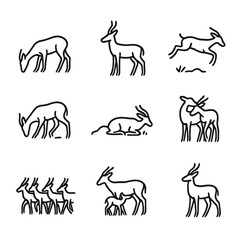 Antelope Behavior Icons. Outline icon set of antelope behaviors: grazing head down, alert look, bounding leap, territorial scrape,
