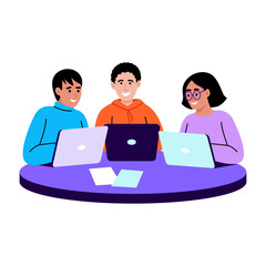 A flat style illustration showing group study of students