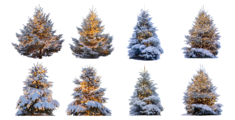 Snowy Christmas Trees with Warm Lights in a Winter Wonderland Setting, Isolated on Transparent, white background