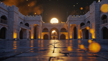 Ancient castle courtyard illuminated by moonlight and golden lights medieval architecture rendered structure at night
