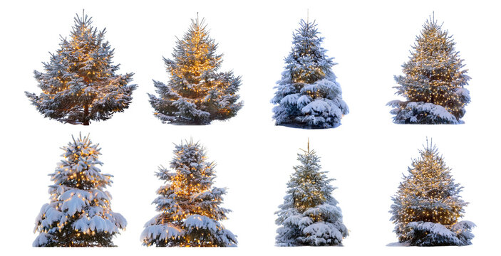Snowy Christmas Trees with Warm Lights in a Winter Wonderland Setting, Isolated on Transparent, white background