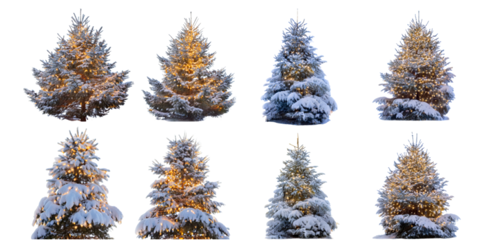 Snowy Christmas Trees with Warm Lights in a Winter Wonderland Setting, Isolated on Transparent, white background