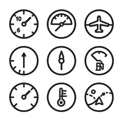 Cockpit Instruments Icons. Outline icon set of cockpit instruments: altimeter, airspeed indicator, attitude indicator, vertical