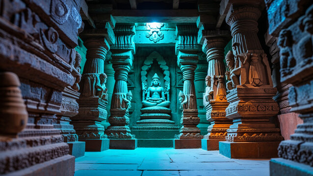 Ancient indian temple interior showcasing intricate stone carvings of deities and architectural columns