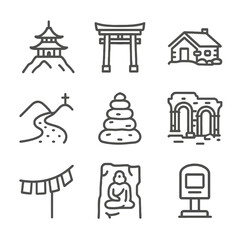 Cultural Sites Icon Set. Outline icon set of cultural and historical sites: mountain temple, shrine gate, shepherd’s hut, pilgrims