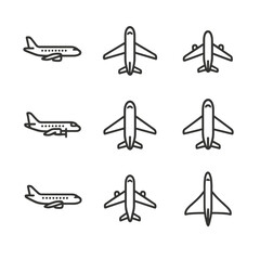 Aviation Icon Set. Outline icon set of commercial airplanes: narrow-body jet, wide-body jet, regional jet, turboprop, jumbo jet,