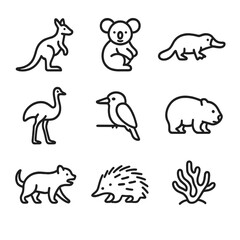Australian Fauna Icons. Outline icon set of Australian fauna: kangaroo, koala, platypus, emu, kookaburra, wombat, Tasmanian devil,