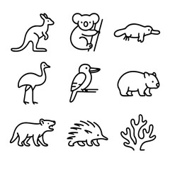 Fototapeta premium Australian Fauna Icons. Outline icon set of Australian fauna: kangaroo, koala, platypus, emu, kookaburra, wombat, Tasmanian devil,