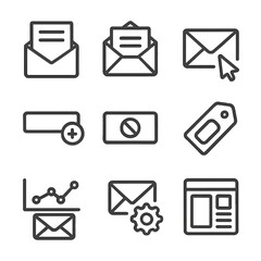 Email Marketing Icons. Outline icon set of email marketing campaigns: newsletter envelope, open email, click-through cursor,
