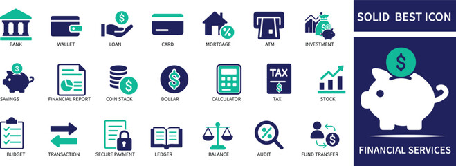 Financial Services Icon Set Banking, Money, Investment, Payment, Insurance Icons