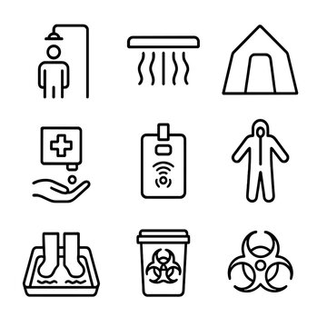 Decontamination PPE Icons. Outline icon set of decontamination area PPE: chemical shower, UV lamp, decon tent, disinfectant