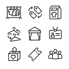 Obraz na płótnie Canvas Clothing Event Icon Set. Outline icon set of clothing swap and donation events: garment rack, price tag swap arrows, donation bin,