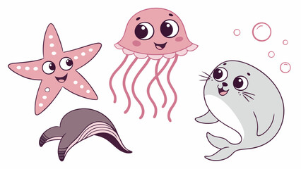 Fototapeta premium Cute Cartoon Sea Animals Starfish Jellyfish Seal Whale Illustration Vector Set