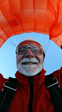 An older man is wearing a black shirt and a green backpack as he jumps out of a plane