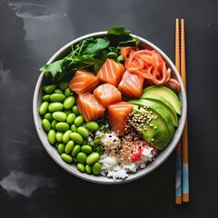 A vibrant poke bowl filled with salmon avocado edamame and rice served with chopsticks on dark surface