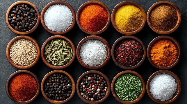 Colorful spices and seasonings in wooden bowls arranged on dark background, including peppercorns, salt, turmeric, paprika, cumin and other aromatic ingredients.