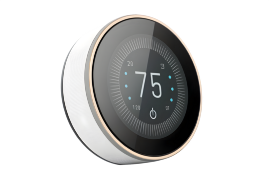 Modern smart thermostat with digital display showcasing temperature control and smart home integration