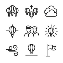 Balloon Icon Grid. Outline icon set of multi-balloon formation: trio of balloons, formation arrow, cloud cluster, symmetry lines,