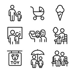 Fototapeta premium Family Shopping Icons. Outline icon set of family shopping day: parent holding child’s hand, stroller, ice cream treat, window