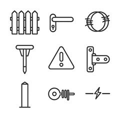 Fototapeta premium Fencing Icon Set. Outline icon set of fencing and enclosure: fence panel, gate latch, barbed wire coil, post driver, warning sign,