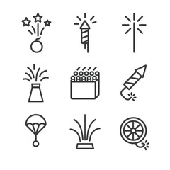 Fototapeta premium Fireworks Icon Set. Outline icon set of fireworks types: aerial shell, roman candle, sparkler, fountain, cake, missile, parachute,