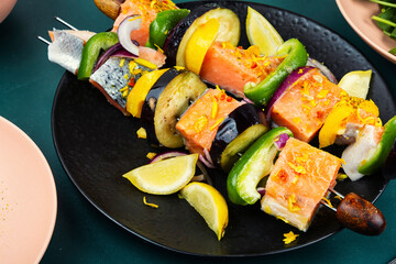 Delicious salmon skewers ready for grilling.