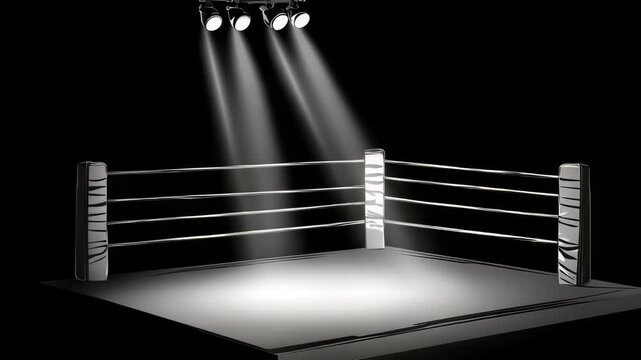 A boxing ring with a bright light shining on it. The light is coming from the top right corner