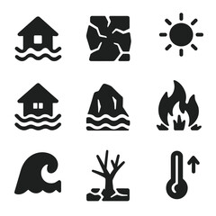 Climate Change Icons. Solid, filled icons set of climate change effects: rising sea level, drought crack,