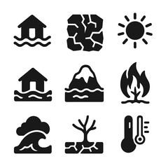 Climate Change Icons. Solid, filled icons set of climate change effects: rising sea level, drought crack,