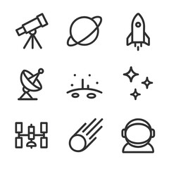 Outer Space Icons. Outline icon set of outer space exploration: telescope, planet orbit, rocket launch, astronaut helmet,