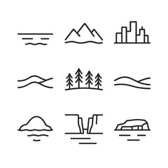 Outline Icon Landscapes. Outline icon set of ocean horizon landscapes: ocean horizon, mountain range, city skyline, desert dunes,