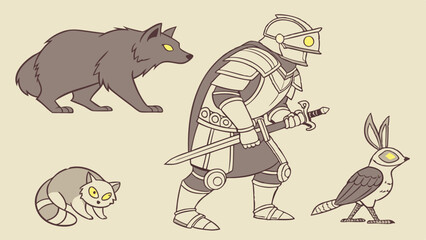 Cartoon Fantasy Knight Warrior with Bear Raccoon Bird Animals Character Illustration