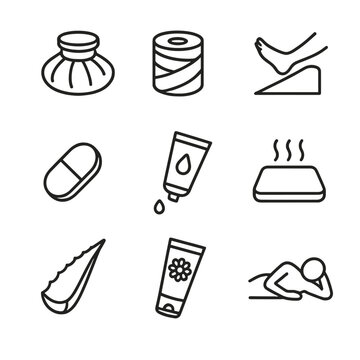 Bruise Treatment Icons. Outline icon set of bruise treatment and care: ice pack, compression bandage, elevation wedge, painkiller