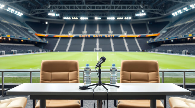 Microphone and commentator seats overlooking empty soccer stadium