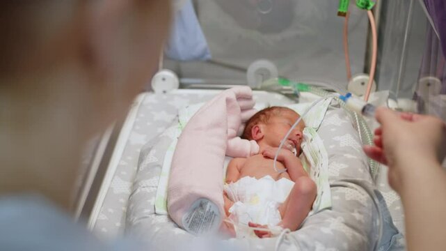 A premature baby in a neonatal intensive care unit receives nourishment from a syringe, donor breast milk. Showcasing the resource in a medical setting.